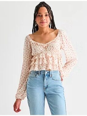 NWT!  Arizona Jean Company Light Pink Floral Ruffle Peasant Top, Juniors XXL